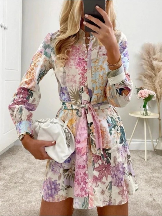 Zara Dresses & Skirts - Zara Linen Blend Floral Print Belted Button Front Long Sleeve Mini Dress